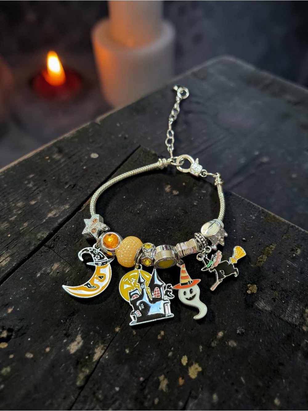 Halloween Charm Bracelet for Women — Yellow Enamel Ghost & Moon Charms